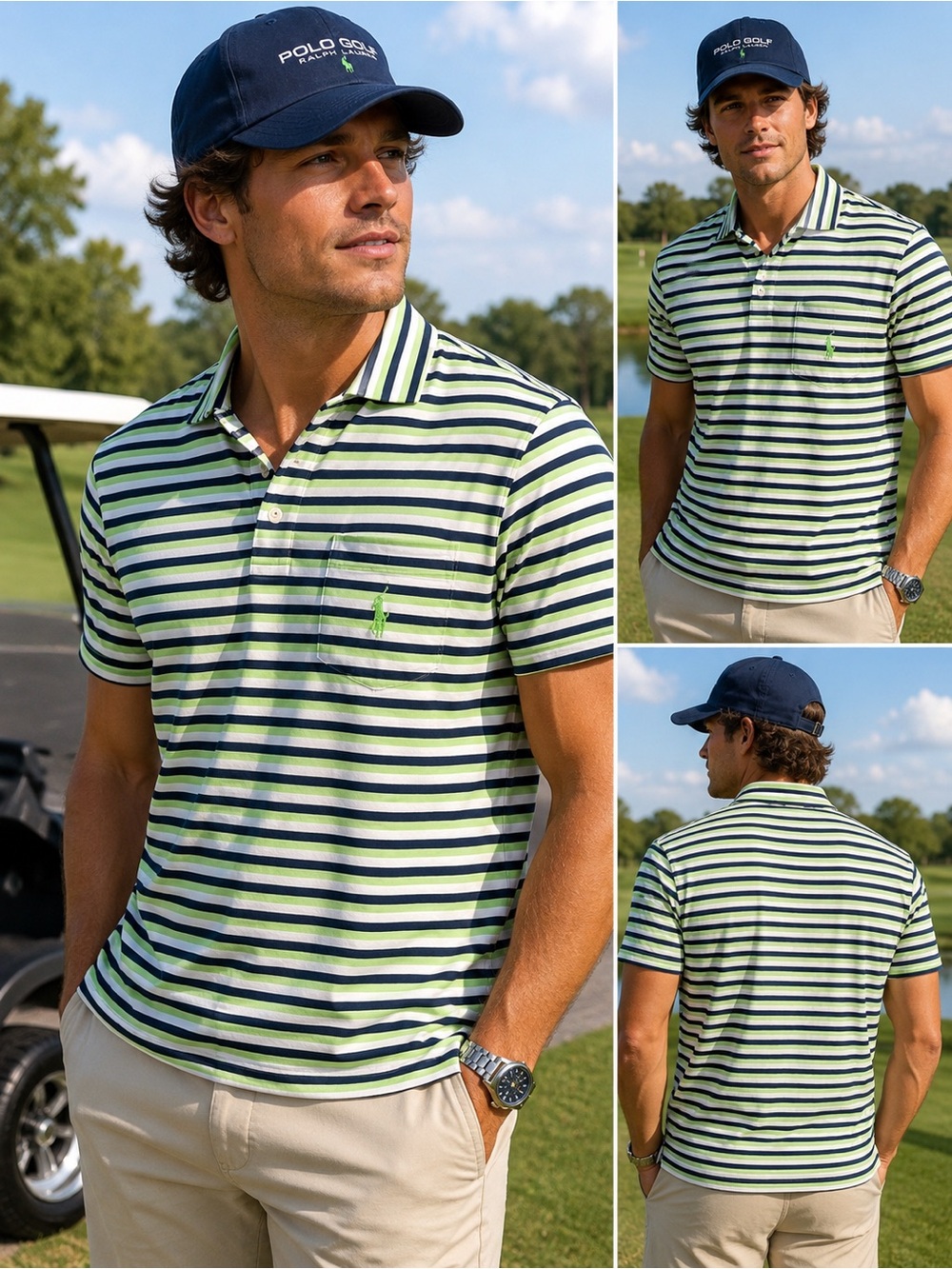 Polo by Ralph Lauren Navy, Green & White Striped Short-Sleeve Polo